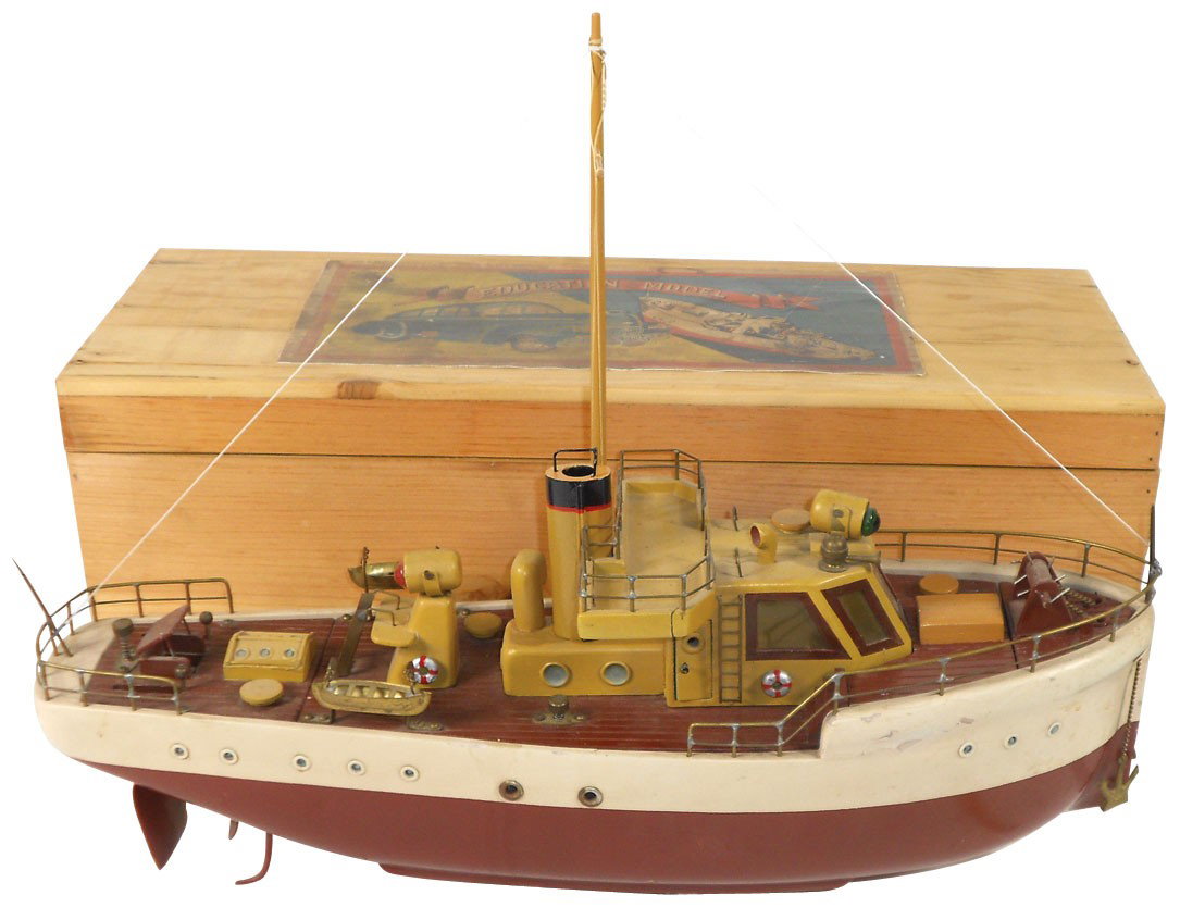 Toy boat, Japanese ITO work boat, Very Rare "Educ: Toy boat, Japanese ITO work boat, Very Rare "Educational Model", wood, battery powered w/orig wood box that has 3 orig decals, Exc cond boat & box, 18"L.