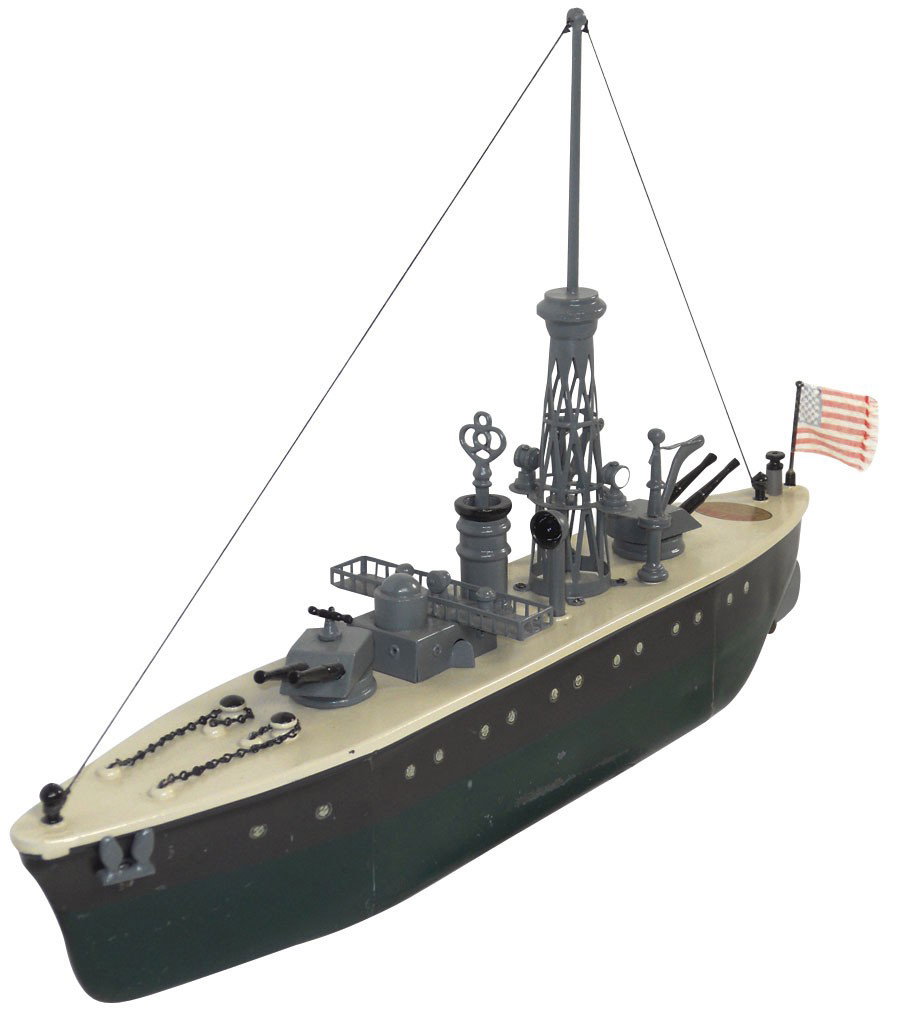 Toy boat, Orkin Fleet battleship, metal keywind, : Toy boat, Orkin Fleet battleship, metal keywind, Exc cond w/some restoration, 19"L.