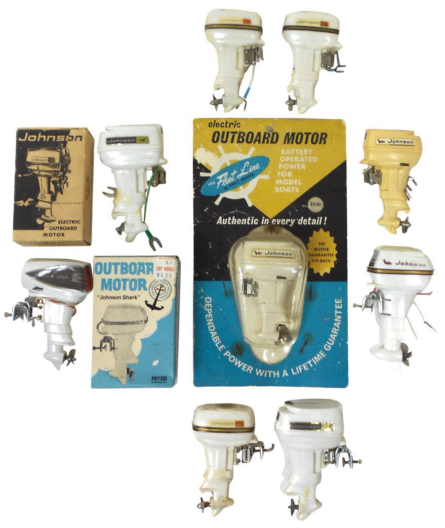 Miniature outboard motors (9) & (2) boxes; all ar: Miniature outboard motors (9) & (2) boxes; all are Johnson Fleet Line plastic motors, 6 Sea-Horse 40HP, 1 Sea-Horse 40 HP in orig pkg, 1 Shark & 1 Sea-Horse 80HP, all VG & Exc cond, 3.5" to 4"H, 2 box