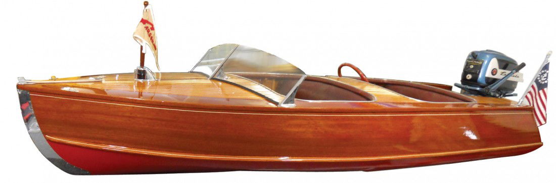 Speed boat, Larson Deluxe Speed Runabout, wood, 1: Speed boat, Larson Deluxe Speed Runabout, wood, 14 ft. A mahogany-hulled craft w/the same graceful lines as the RW-14 Speed Runabout. Equipped w/V-type windshield, chrome brackets & polished plate gla
