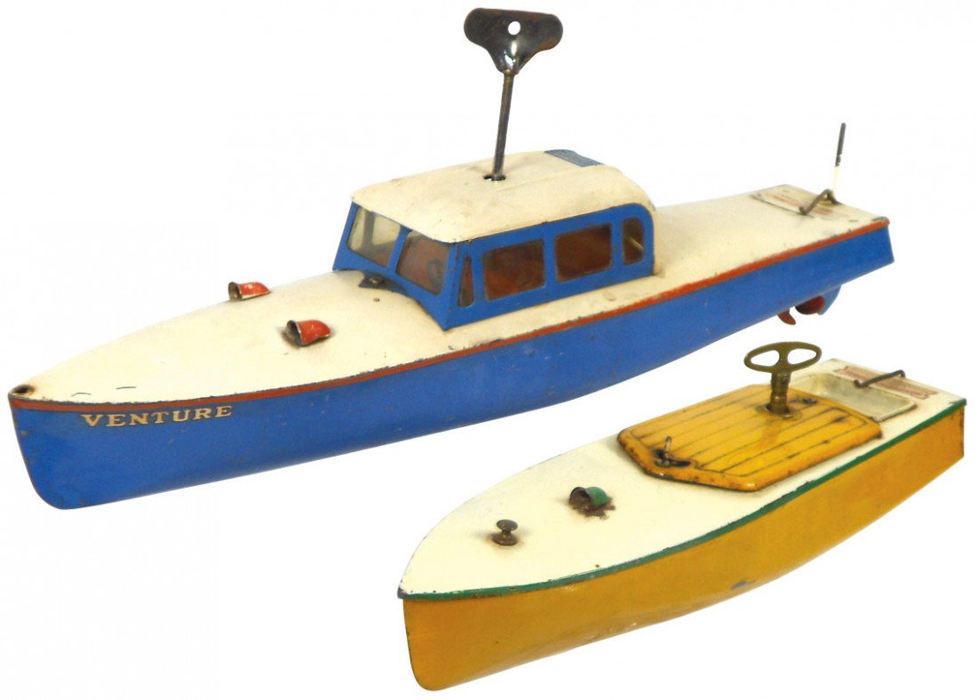 Toy boats (2), Hornby metal windup speed boats, b: Toy boats (2), Hornby metal windup speed boat & "Venture" cabin cruiser, both in Good cond, 12" & 17"L.