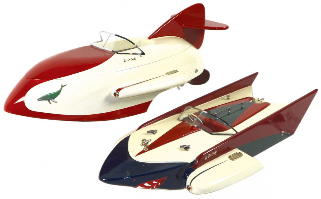 Toy boats (2), both inboard speed boats are exact: Toy boats (2), both inboard speed boats are exact copies of the ITO Whale & Shark, mfgd by R-C Craft-Toledo, OH, c.2008 & 2009, both in like-new cond & 18"L.