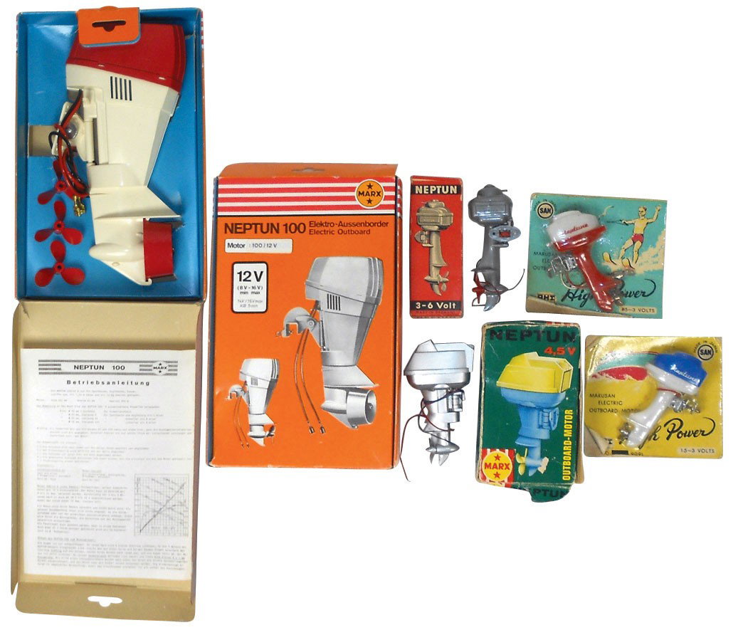 Miniature outboard motors (5); Neptune 100 12 Vol: Miniature outboard motors (5); Neptune 100 12 Volt by Marx, new in box, 9.5"H, Neptune 4-5 Volt, new in box, 4.5"H, Neptune 3-6 Volt in box (made in Germany), 4.75"H & 2 Japanese Neptune motors in ori