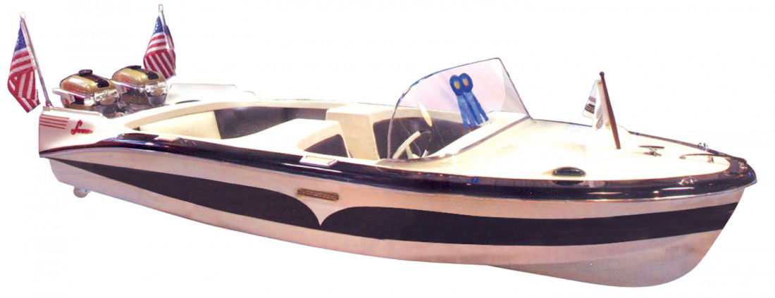 Speed boat, Larson Thunderhawk Sr., fiberglass, c: Speed boat, Larson Thunderhawk Sr., fiberglass, c.1958, 18 ft. A beautiful fully professionally restored boat in Exc condition w/a pr of 1957 Johnson Golden Javelin 30HP motors. Comes on a fully resto
