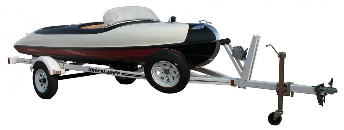 Speed boat, Larson Falls Flyer, fiberglass, c.195: Speed boat, Larson Falls Flyer, fiberglass, c.1956, 14 ft. Partially restored & ready for your finishing touches. This boat comes w/a new ShoreLand'r trailer.