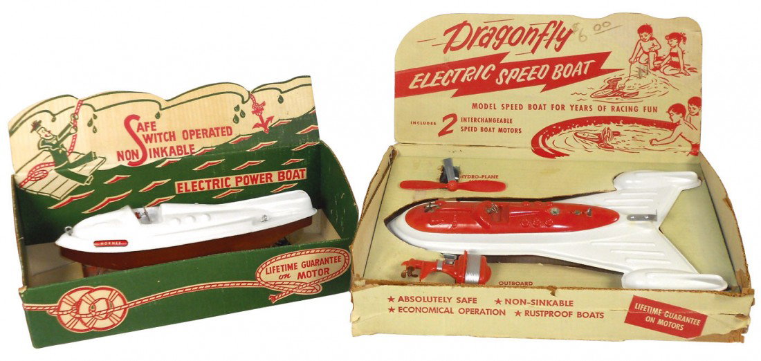 Toy boats (2), Duban Shade Corp. Dragonfly Electr: Toy boats (2), Duban Shade Corp. Dragonfly Electric Speed Boat w/2 motors & compass, plastic in display box & Model 200 Hornet Electric Power Boat, plastic deck & wood hull, battery operated, maker un