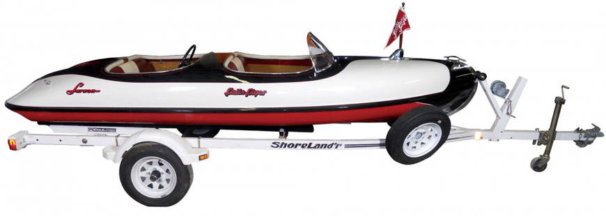 Speed boat, Larson Falls Flyer Outboard w/black t: Speed boat, Larson Falls Flyer Outboard w/black top & rear steering, c.1956, 14 ft. A 1956 Johnson Javelin 30HP outboard motor will be mounted on this beautiful boat & be selling with it at auction. I