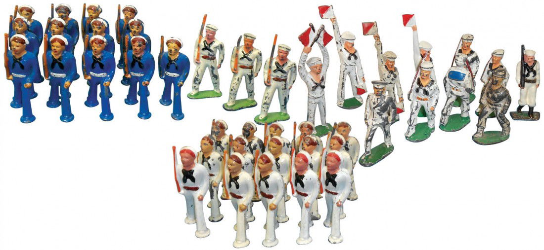 Toy miniature lead sailors (approx 42), a nice va: Toy miniature lead sailors (approx 42), a nice variety, most in VG cond w/orig paint, 3" to 4.5"H.