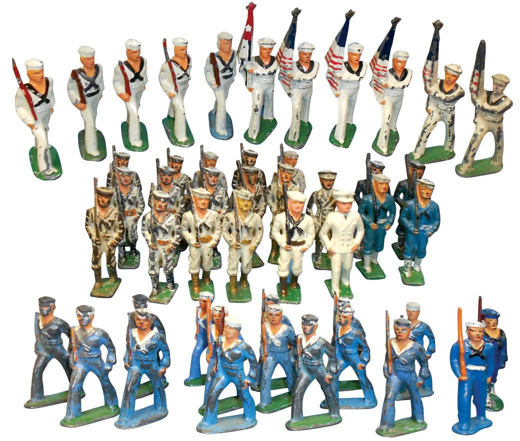 Toy miniature lead sailors (approx 48), a nice va: Toy miniature lead sailors (approx 48), a nice variety, most in VG cond w/orig paint, 3.25" to 4.5"H.