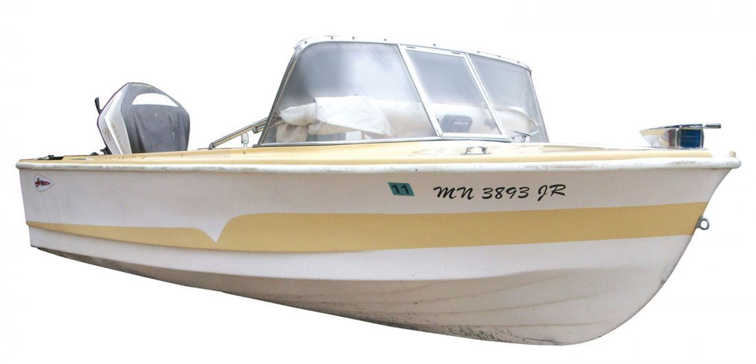 Runabout boat, Larson All American Runabout: Runabout boat, Larson All American Runabout w/canvas roof, 1973, 14 ft. Complete w/1960 Starflite 75HP Evinrude outboard motor, depth finder & AM/FM radio. This fine boat is yellow & white, has an old