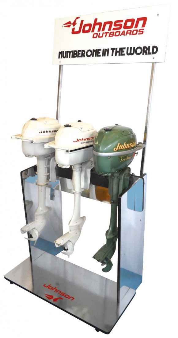 Boat motor display stand, Johnson Outboard Motors: Boat motor display stand, Johnson Outboard Motors, holds 3 motors, metal & pressed board, VG/Exc cond, 77"H x 36"W. (Motors not included in this lot.)