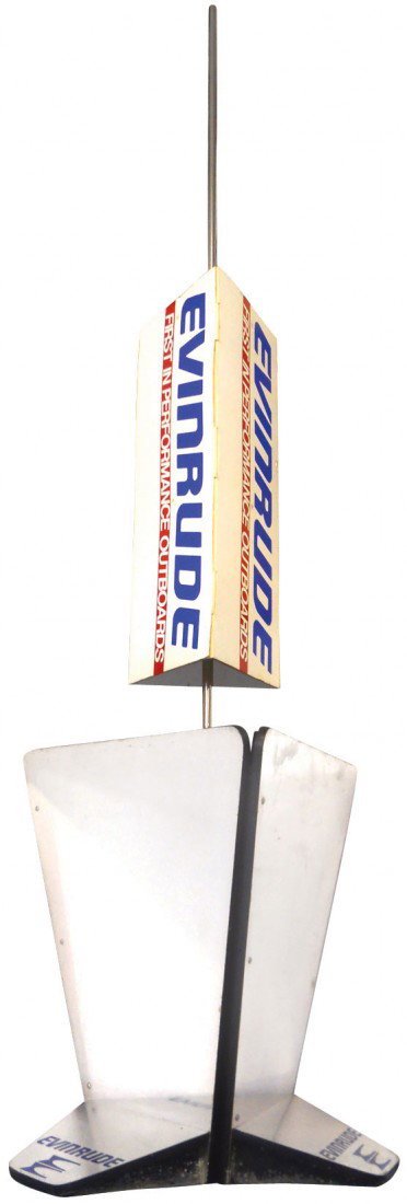Boat motor dealer display stand & flag banner (2: Boat motor dealer display stand & flag banner (2 pcs), Evinrude Outboard Motors, triangular-shaped stand is 82"H x 36"W, both in VG cond.