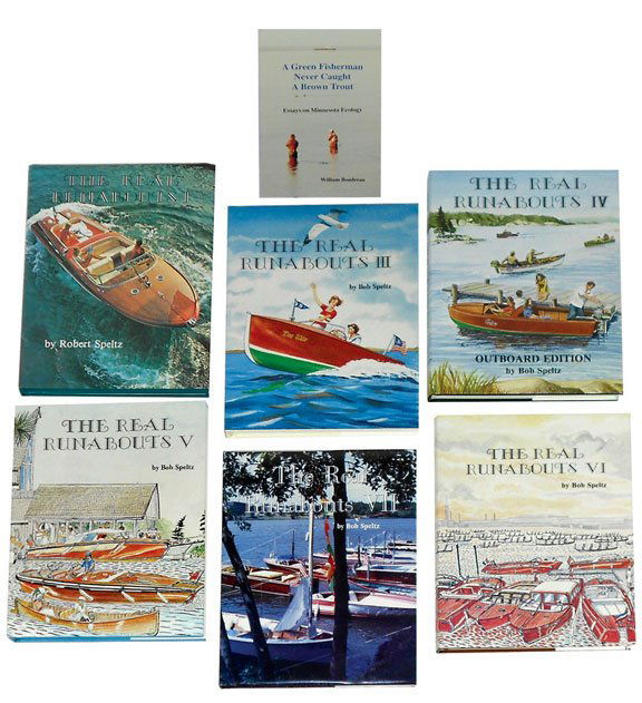 Toy boat reference books (7), The Real Runabouts: Toy boat reference books (7), The Real Runabouts I, III, IV, V, VI & VII by Robert Speltz, c.1977, B/W hardcover, ea w/112 to 330 pgs & A Green Fisherman Never Caught a Brown Trout, Essays on Minnesot