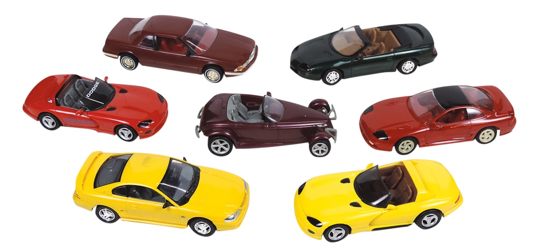 Toy Dealer Promo Cars (7), most late model plastic roadsters & sports cars, VG to Exc cond, largest: Toy Dealer Promo Cars (7), most late model plastic roadsters & sports cars, VG to Exc cond, largest 8"L.