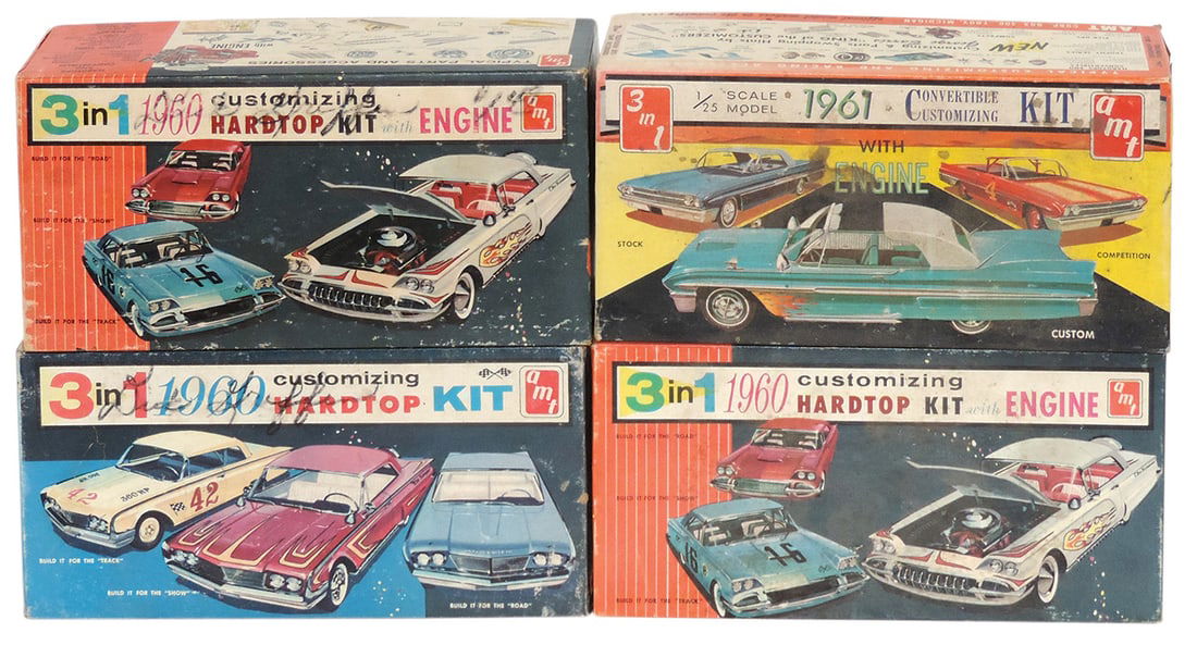 Toy Model Car Kits (4), all AMT partially built, (3) 1960's Hardtops & '61 Convertible, Good to VG: Toy Model Car Kits (4), all AMT partially built, (3) 1960's Hardtops & '61 Convertible, Good to VG cond, 9.5"L.