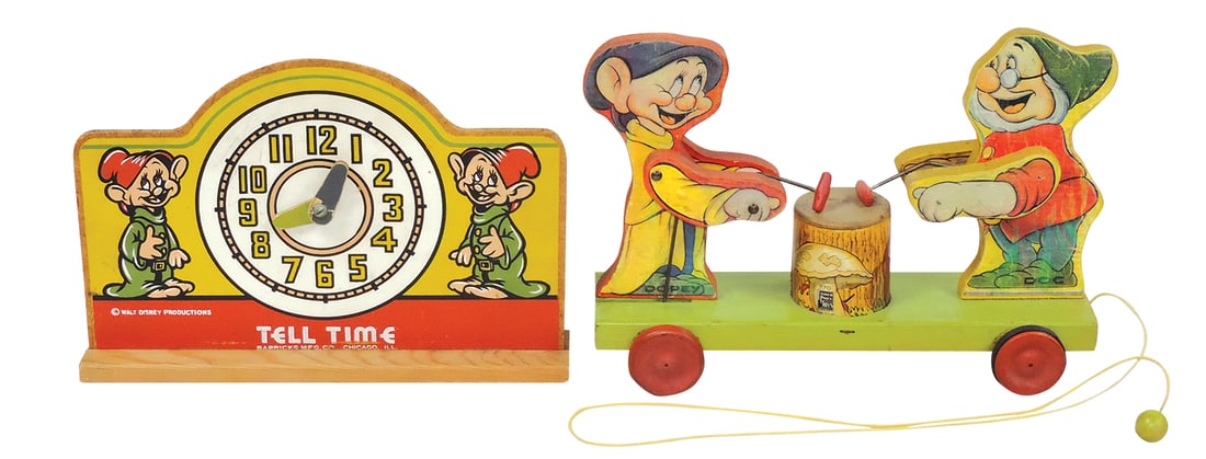 Toys, Walt Disney 7 Dwarfs, wood Fisher-Price pull toy #770 & clock toy by Barricks Mfg., VG cond,: Toys, Walt Disney 7 Dwarfs, wood Fisher-Price pull toy #770 & clock toy by Barricks Mfg., VG cond, larger 12"L.