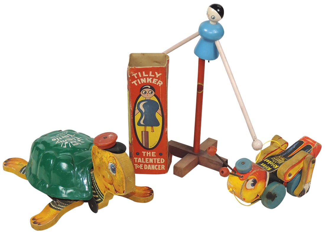 Toys (3), 1950's Fisher-Price Turtle No. 150, Kriss Kricket No. 678 & c.1917 MIB Tilly Tinker, Exc: Toys (3), 1950's Fisher-Price Turtle No. 150, Kriss Kricket No. 678 & c.1917 MIB Tilly Tinker, Exc to Near-Mint working cond, largest 11"L.