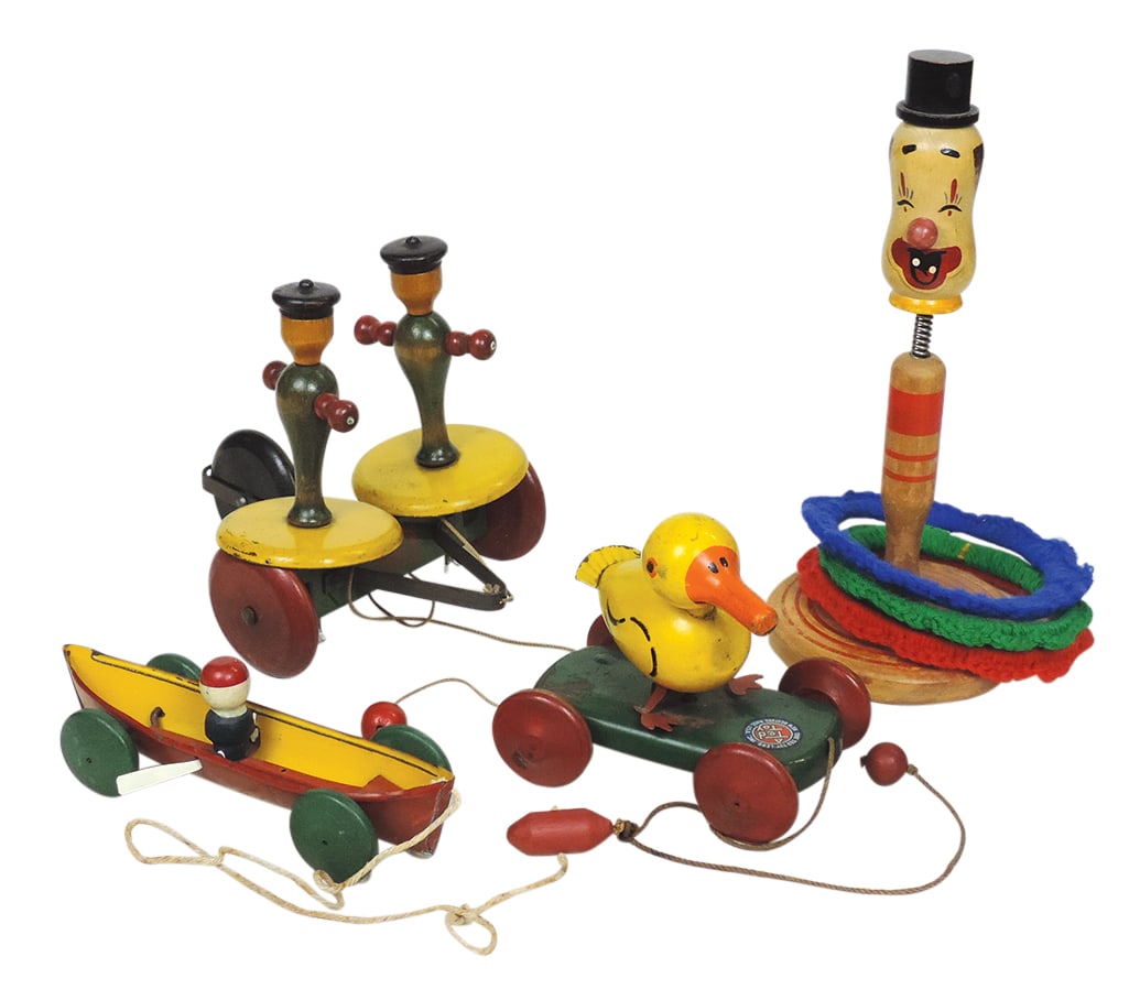 Toy Wood Pull & Ring Toss (4), early Whirly Tinker, Ted Toy Duck, tin boy in boat rowing & Japanese: Toy Wood Pull & Ring Toss (4), early Whirly Tinker, Ted Toy Duck, tin boy in boat rowing & Japanese bobble-head Ring Toss game, VG to Exc cond, largest 12"H.
