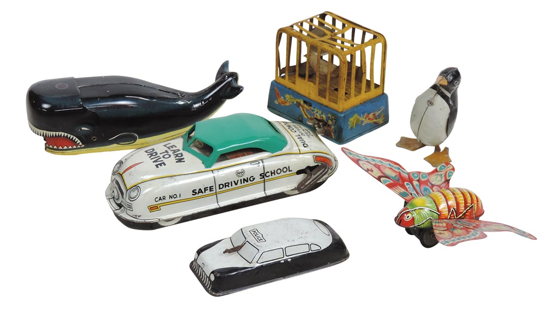 Toys (6), Litho on Tin Windups & Friction, Safe Driving School keywind by Marx, whale & fish string: Toys (6), Litho on Tin Windups & Friction, Safe Driving School keywind by Marx, whale & fish string pull, windup bird in cage & penguin, flapping wing butterfly & friction police car, all Good+ to VG+