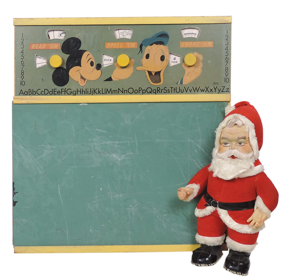 Toy Walt Disney & Santa Claus (2), Mickey Mouse & Donald Duck educational panel w/rotating dials: Toy Walt Disney & Santa Claus (2), Mickey Mouse & Donald Duck educational panel w/rotating dials above a chalk board & a vintage vinyl-faced Coca-Cola Santa missing bottle, VG cond, 24"H.