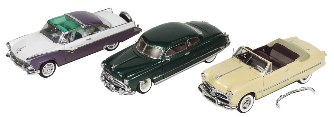 Toy Scale Model Cars (3), 1951 Hudson, 1955 Ford Crown Victoria by Franklin Mint & 1949 Ford: Toy Scale Model Cars (3), 1951 Hudson, 1955 Ford Crown Victoria by Franklin Mint & 1949 Ford Convertible by Danbury Mint, Exc cond, largest 8.5"L.
