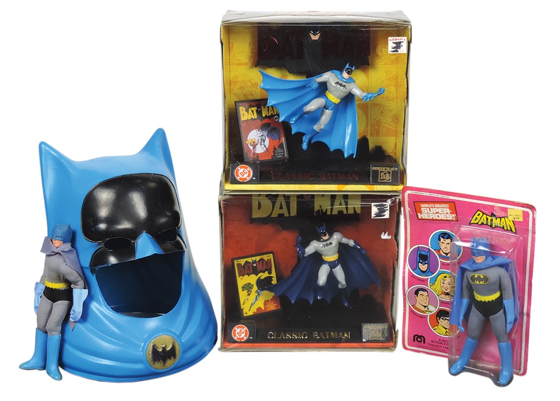 Toy Batman Collectibles (5), No.1 & No.2 classic editions by Kenner in orig boxes, 1960 helmet mask: Toy Batman Collectibles (5), No.1 & No.2 classic editions by Kenner in orig boxes, 1960 helmet mask & pair of action figures-one in orig package, most Mint cond, largest 13"H.