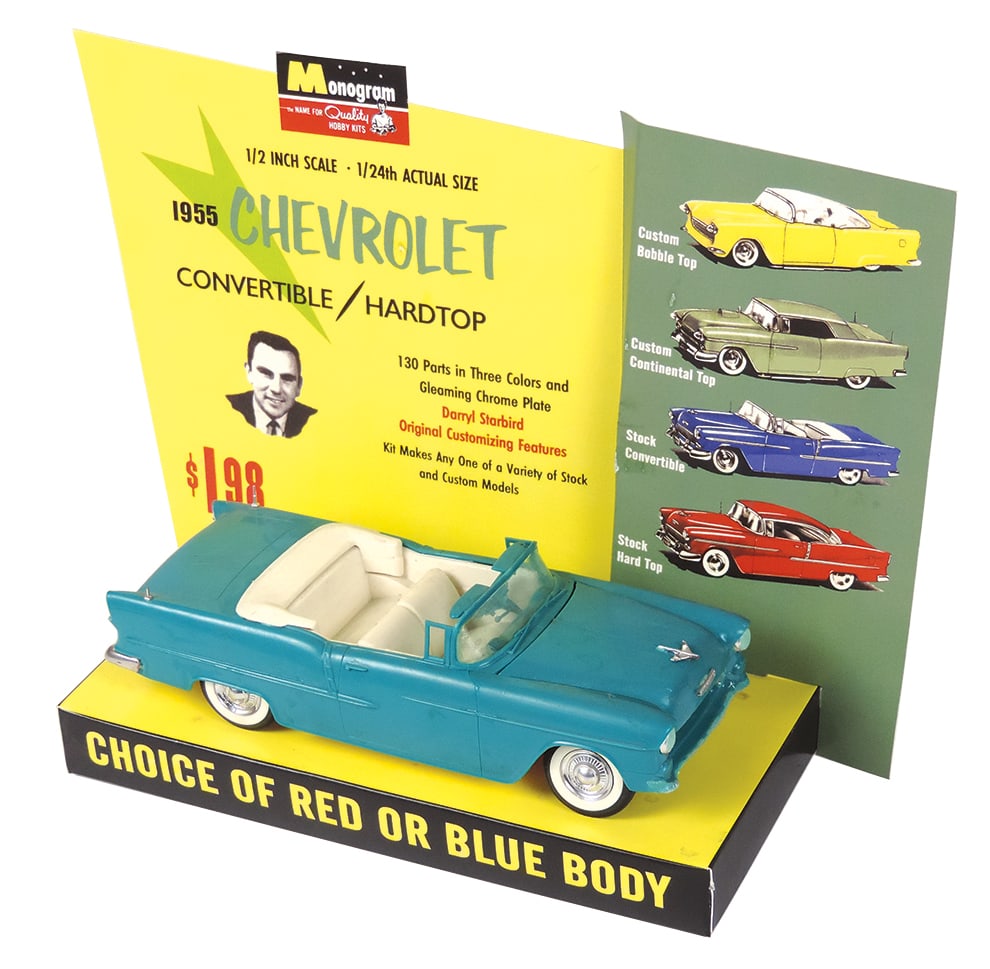 Toy Car Display Model, '55 Chevrolet, plastic & prof reproduction litho on cdbd w/marquee show: Toy Car Display Model, '55 Chevrolet, Monogram plastic & prof reproduction litho on cdbd w/marquee showing build variations, Exc cond, 9.5"H x 12"W.