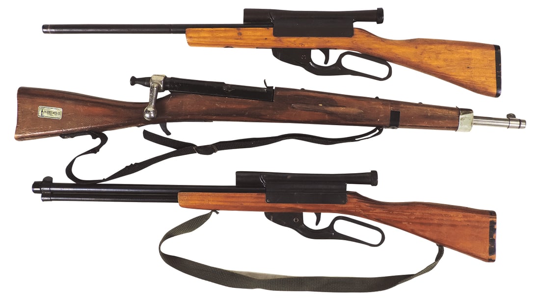 Toy Guns (3), Rifles, Parris Trainer & 2 Pop Guns, most likely mfgd by Wyandotte, VG cond, largest: Toy Guns (3), Rifles, Parris Trainer & 2 Pop Guns, most likely mfgd by Wyandotte, VG cond, largest 29"L.