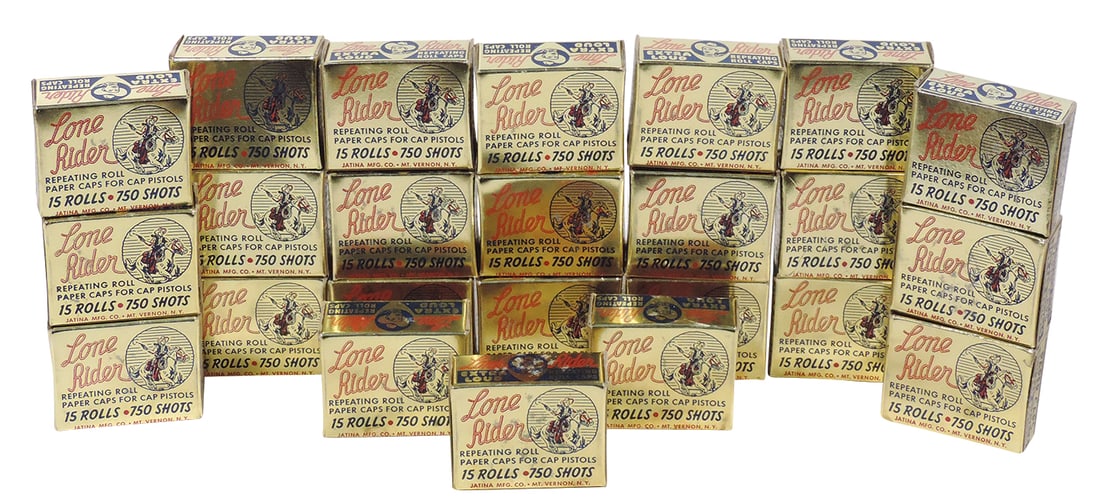 Toy Cap Pistol Paper Caps (24 boxes), Lone Rider, 750 shots per box, Mint unopened cond, ea 2.5"L.: Toy Cap Pistol Paper Caps (24 boxes), Lone Rider, 750 shots per box, Mint unopened cond, ea 2.5"L.