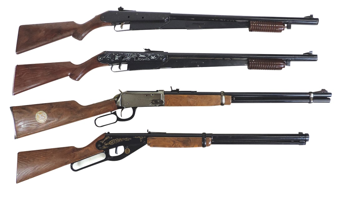 Toy Guns (4), Air Rifles, Daisy, 2 Model 25 pump, Model No.111 & 1894 NRA Centennial, VG to Exc+: Toy Guns (4), Air Rifles, Daisy, 2 Model 25 pump, Model No.111 & 1894 NRA Centennial, VG to Exc+ working cond, largest 38"L.