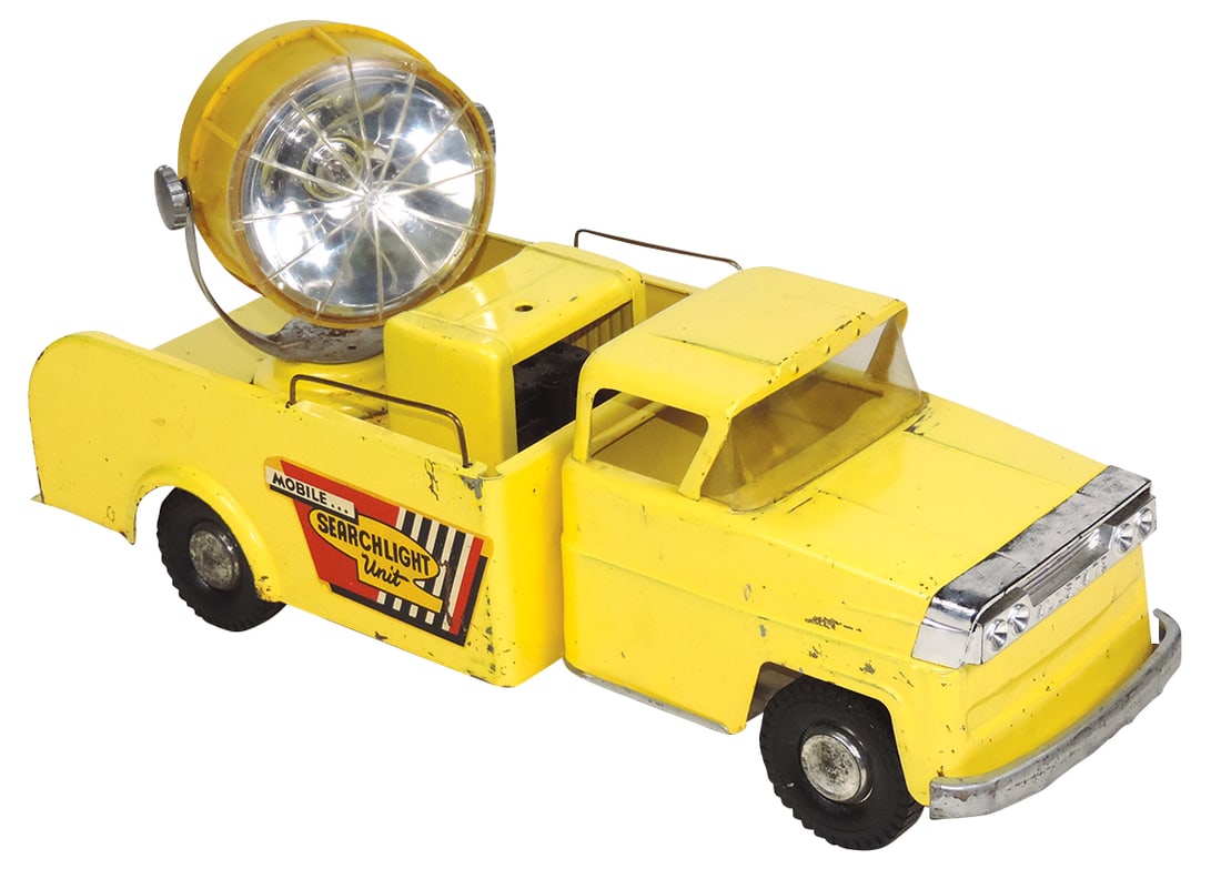Toy Search Light Truck, pressed steel Mobile Unit, embossed Allstate on grille, B-O light rotates: Toy Search Light Truck, pressed steel Mobile Unit, embossed Allstate on grille, B-O light rotates when truck moves, VG cond w/generator exhaust pipe absent, 19"L.
