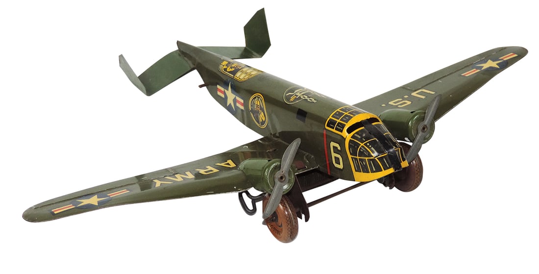 Toy Airplane, Army Bomber, mfgd by Marx, litho on tin, Exc+ working cond, 19"W.: Toy Airplane, Army Bomber, mfgd by Marx, litho on tin, Exc+ working cond, 19"W.