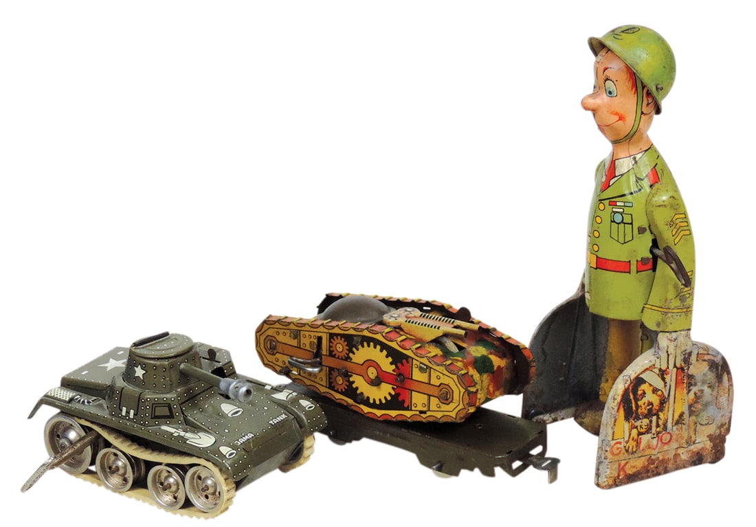 Toy Army Figures (3), GI Joe & Railcar Tank, both by Marx & Gama Tank, litho on tin windups, Good+: Toy Army Figures (3), GI Joe & Railcar Tank, both by Marx & Gama Tank, litho on tin windups, Good+ to Exc cond, largest 9"H.