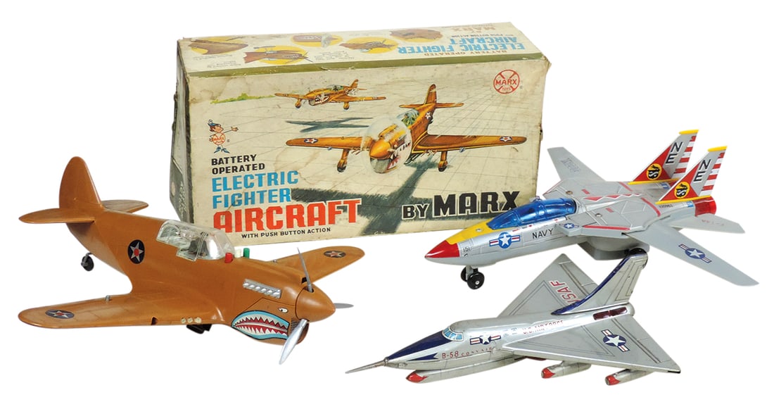 Toy Airplanes (3), B-O Electric Fighter by Marx, Exc untested cond in box; Navy B-O litho on tin, NE: Toy Airplanes (3), B-O Electric Fighter by Marx, Exc untested cond in box; Navy B-O litho on tin, NE & Friction Convair B-58, both VG to Exc untested cond noting nose wheel absent on latter, largest 1