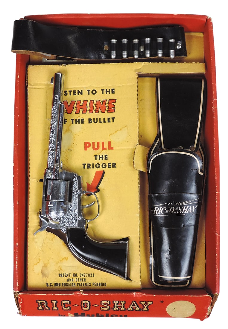 Toy Cap Gun Set, Ric-o-shay by Hubley w/matching holster in orig box, Mint working cond, box w/wear,: Toy Cap Gun Set, Ric-o-shay by Hubley w/matching holster in orig box, Mint working cond, box w/wear, 18"H.
