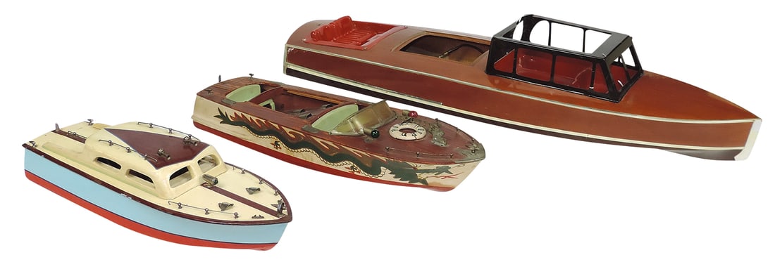 Toy Boats (3), large fiberglass Chris-Craft & 2 wood built, B-O, Good to VG untested cond w/some: Toy Boats (3), large fiberglass Chris-Craft & 2 wood built, B-O, Good to VG untested cond w/some parts absent, largest 29"L.
