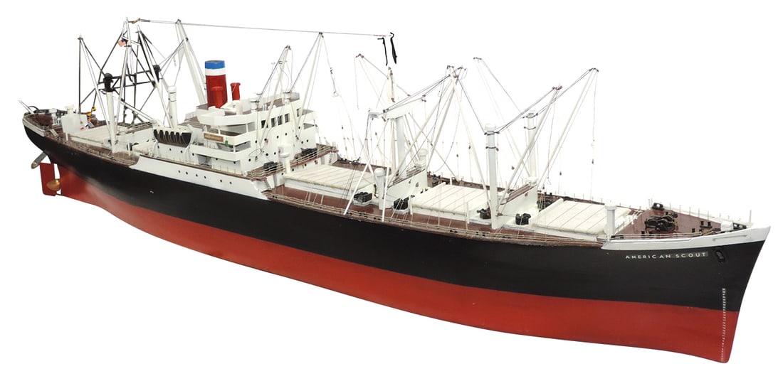 Toy Ship, Model Steam Freighter, kit built American Scout, highly detailed, VG+ cond w/some: Toy Ship, Model Steam Freighter, kit built American Scout, highly detailed, VG+ cond w/some disrepair to rigging, 49"L.