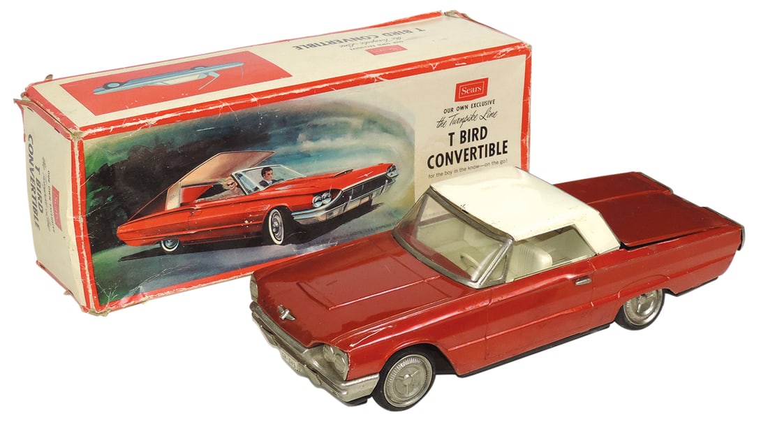 Toy Car, T-Bird Convertible in orig box, mfgd by Sears, litho on tin friction w/retractable top (not: Toy Car, T-Bird Convertible in orig box, mfgd by Sears, litho on tin friction w/retractable top (not working), Good+ cond w/paint touch ups, 16"L.