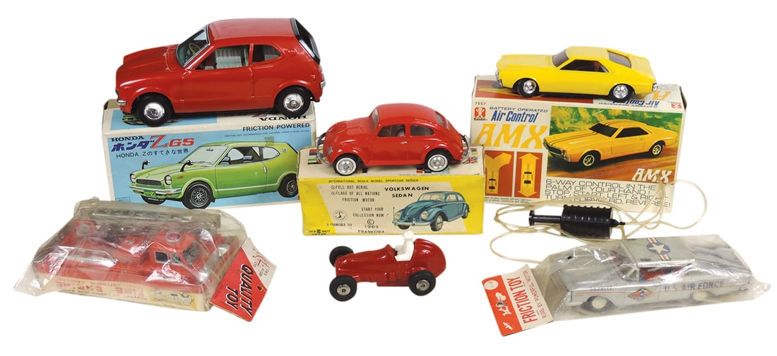 Toy Cars & Trucks (6), all litho on tin & plastic, made in Japan, remote AMX, Honda ZGS, Volkswagen: Toy Cars & Trucks (6), all litho on tin & plastic, made in Japan, remote AMX, Honda ZGS, Volkswagen & others, most Exc or Mint in boxes or packages, largest 10"L.