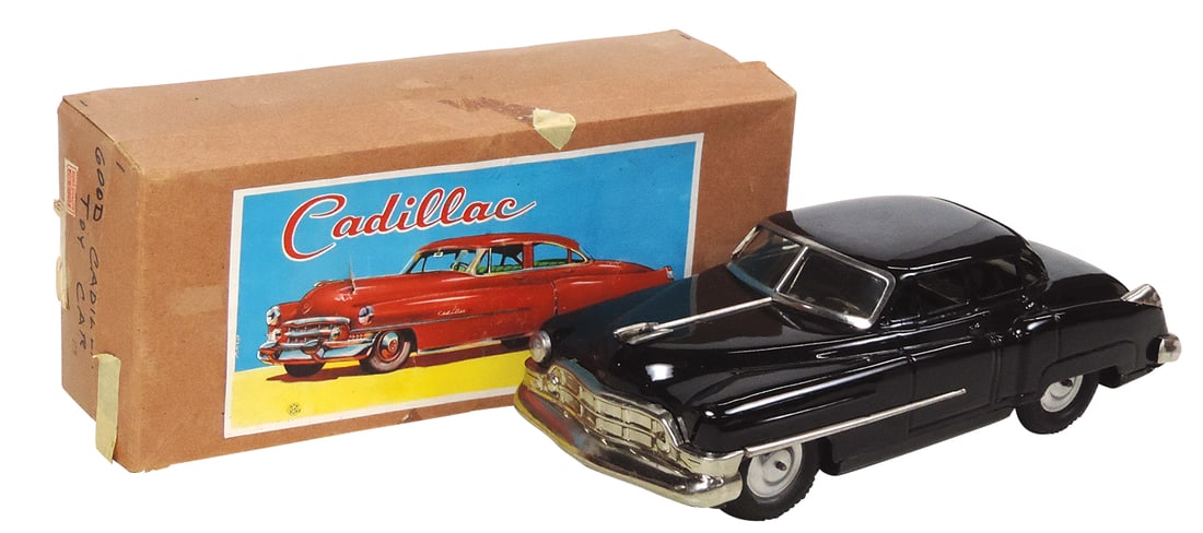 Toy Car, Cadillac in orig box, 1950's Japan, painted tin friction, Near-Mint working cond, 14"L.: Toy Car, Cadillac in orig box, 1950's Japan, painted tin friction, Near-Mint working cond, 14"L.
