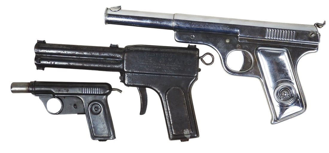 Toy Guns (3), Pistols, mfgd by Daisy, pressed steel, No. 118 Targeteer, No. 72 Squirt-o-matic & No.: Toy Guns (3), Pistols, mfgd by Daisy, pressed steel, No. 118 Targeteer, No. 72 Squirt-o-matic & No. 71 water pistol, VG to Near-Mint working cond, largest 10.5"L.