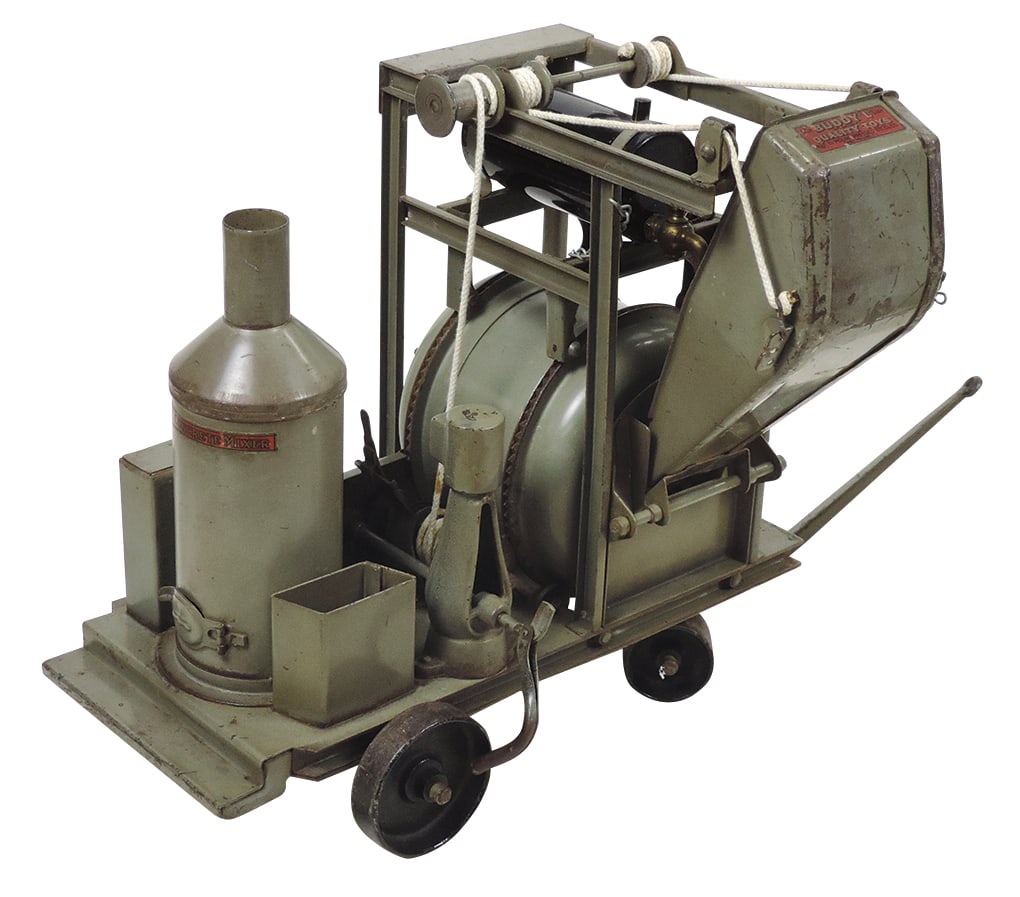 Toy Buddy L Concrete Mixer, mfgd by Moline Pressed Steel Co., pressed steel, Exc working cond: Toy Buddy L Concrete Mixer, mfgd by Moline Pressed Steel Co., pressed steel, Exc working cond w/great orig paint, 15"H.