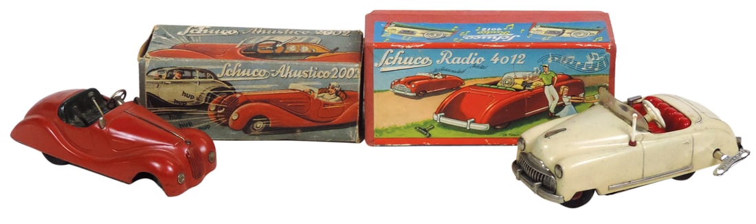 Toy Cars (2), Schuco windup Radio 4012, Near MIB, minor finish wear from box & Akustico 2002, VG: Toy Cars (2), Schuco windup Radio 4012, Near MIB, minor finish wear from box & Akustico 2002, VG cond in box w/front wheels absent, larger 6.5"L.