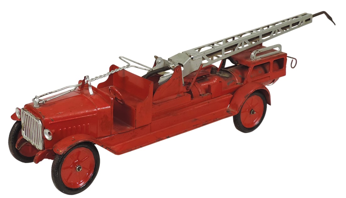 Toy Fire Truck, Buddy L Arial Water Pumper w/handle, mfgd by Moline Pressed Steel Co.,: Toy Fire Truck, Buddy L Arial Water Pumper w/handle, mfgd by Moline Pressed Steel Co., pressed steel, Good+ cond, appears complete w/early repaint, 44"L as illustrated.