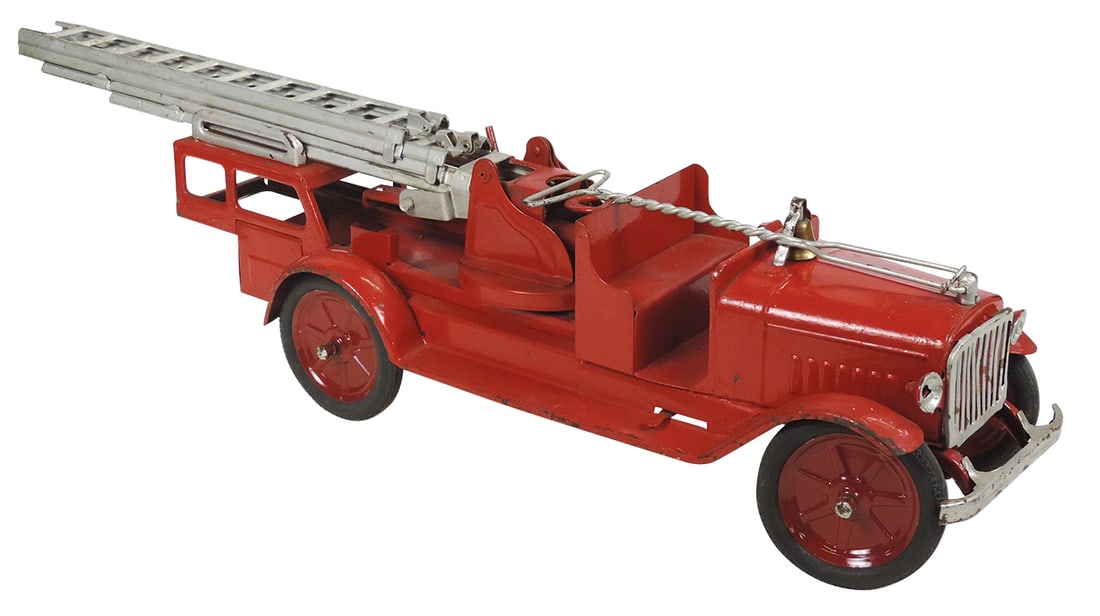 Toy Fire Truck, Buddy L Ladder Truck w/handle, pressed steel, mfgd by Moline: Toy Fire Truck, Buddy L Ladder Truck w/handle, pressed steel, mfgd by Moline Pressed Steel Co., Good+ cond, appears complete w/early repaint, 39"L.