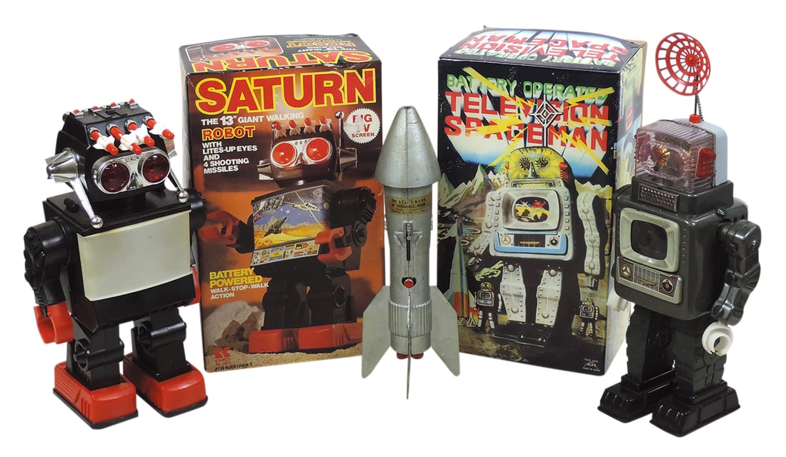 Toy Robots & Space Toys (3), B-O litho on tin, Saturn & Television Spaceman in boxes, together w/an: Toy Robots & Space Toys (3), B-O litho on tin, Saturn & Television Spaceman in boxes, together w/an Astro rocket ship bank, VG to Exc+ untested cond, largest 12.5"H.