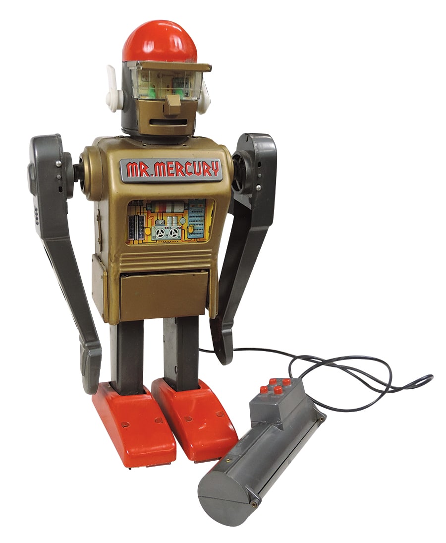Toy Robot, Mr. Mercury, mfgd by Marx, litho on tin, c.1960s w/remote control, Exc untested cond,: Toy Robot, Mr. Mercury, mfgd by Marx, litho on tin, c.1960s w/remote control, Exc untested cond, 13"H.