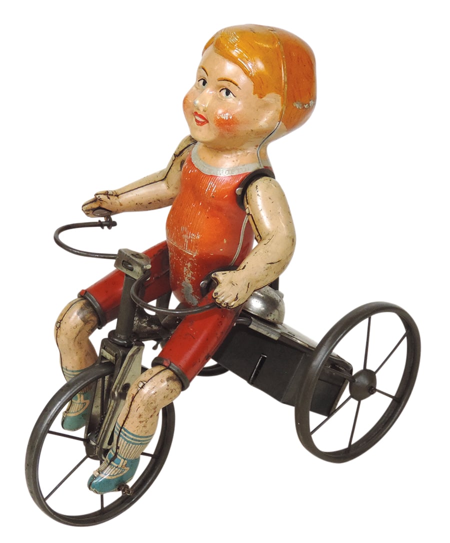 Toy Cyclist, Wonder Cyclist, mfgd by Marx, litho on tin windup, c.1930's, bell rings & limbs move,: Toy Cyclist, Wonder Cyclist, mfgd by Marx, litho on tin windup, c.1930's, bell rings & limbs move, VG+ working cond, 9"H.