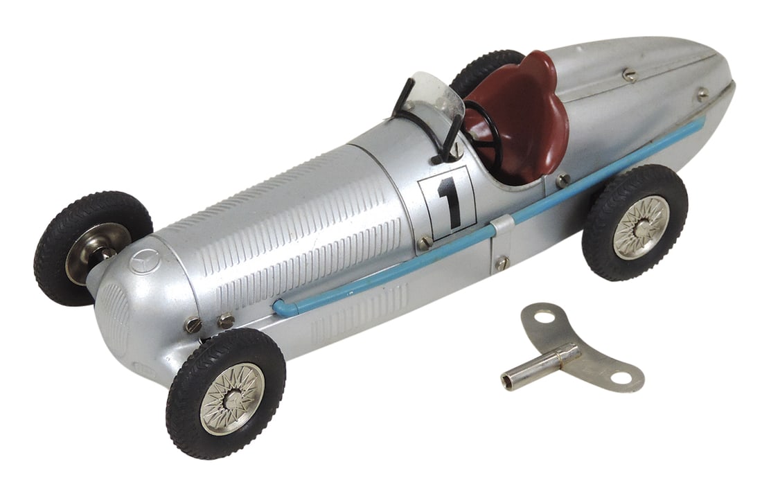 Toy Race Car, Mercedes Boattail Racer, mfgd by Marklin, pressed steel clockwork, Ser No. 2594, Exc: Toy Race Car, Mercedes Boattail Racer, mfgd by Marklin, pressed steel clockwork, Ser No. 2594, Exc working cond, 11"L.
