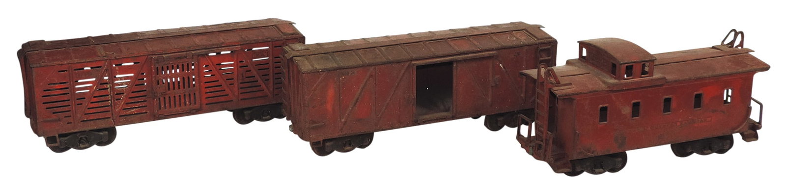 Toy Railroad Cars (3), Buddy L Outdoor caboose & 2 box cars, mfgd by Moline Pressed Steel Co,: Toy Railroad Cars (3), Buddy L Outdoor caboose & 2 box cars, mfgd by Moline Pressed Steel Co, pressed steel, Good+ cond & paint, largest 21"L.